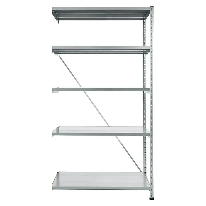 Scholz Metallregal Anbauelement - Höhe: 192 cm, B x T: 81 x 40 cm, Traglast pro Boden: 200 kg, Anzahl Böden: 5 Stk., Stecken, Silber - Ein leeres, graues Schwerlastregal mit fünf Ebenen und einer stabilen Konstruktion, ideal für Lagerung und Organisation.