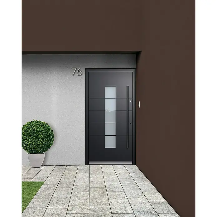 Portofino Haustür 706PF mit Fingerprint - 110 x 210 cm, DIN Anschlag: Rechts, Anthrazitgrau Feinstruktur/Verkehrsweiß matt - Elegante Haustür in Anthrazit mit senkrechtem Glaseinsatz und langem Griff. Moderne Optik für ein stilvolles Zuhause.
