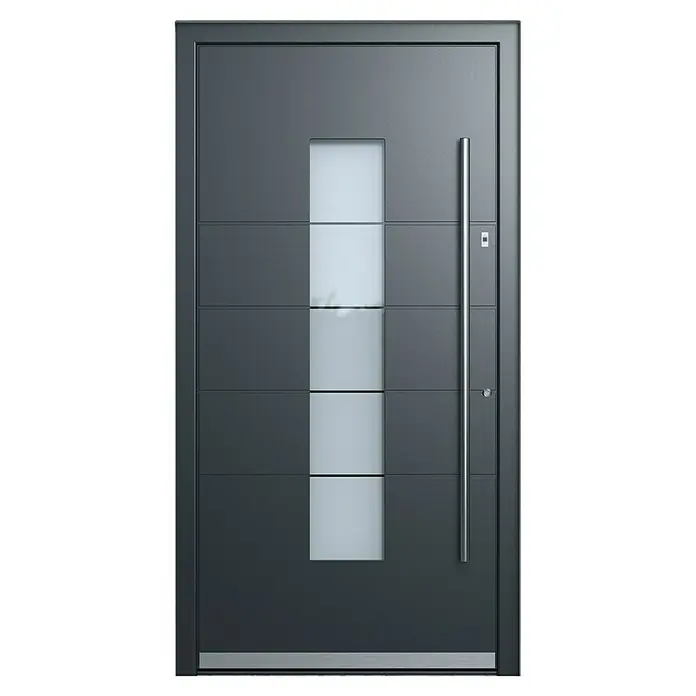 Portofino Haustür 706PF mit Fingerprint - 110 x 210 cm, DIN Anschlag: Rechts, Anthrazitgrau Feinstruktur/Verkehrsweiß matt - Moderne graue Haustür mit vertikalem Fenster und langem Griff. Stilvolles Design für einen einladenden Eingangsbereich.