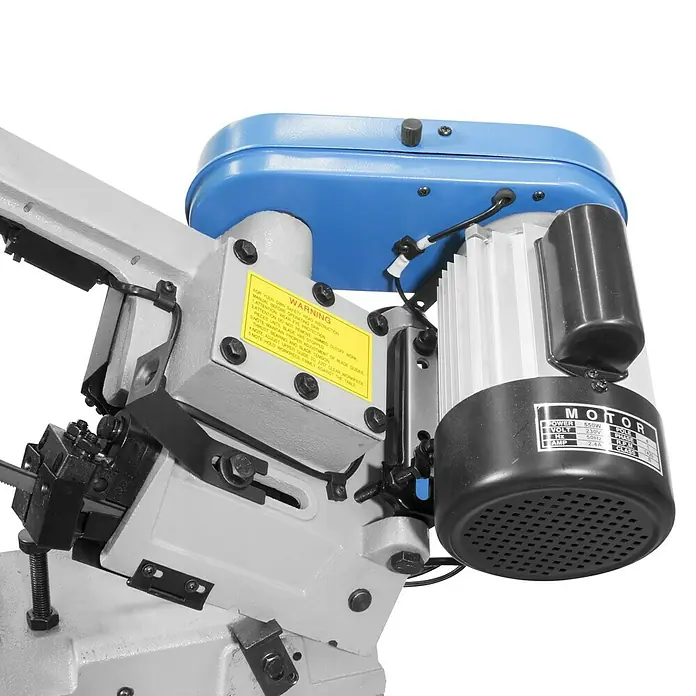 Güde Metallbandsäge MBS 116 - 550 W - Nahaufnahme einer Metallsäge mit Motor und Warnhinweisen, ideal für professionelle Werkstattanwendungen.