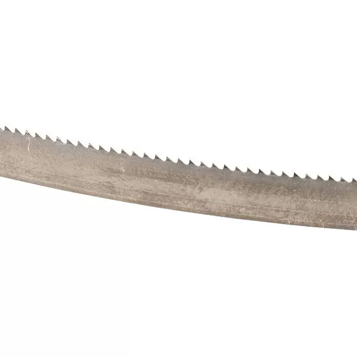 Güde Bandsägeblatt - L x B: 1.140 x 13 mm, Anzahl Zähne: 10 Stk. - Ein abgenutztes, graues Metallsägeblatt mit scharfen, gezackten Zähnen.