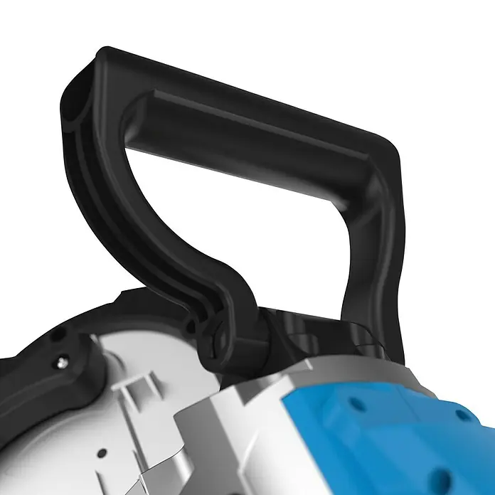 Güde Metallbandsäge MBS 1100 - 1.100 W - Nahaufnahme des Griffs einer blauen und weißen Kreissäge, der robust und für sicheren Halt konzipiert ist.