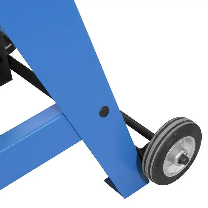 Güde Metallbandsäge MBS 116 - 550 W - Detailaufnahme eines blauen Werkstattwagens mit einem grauen Rad und schwarzer Radaufhängung. Ideal für Werkstätten und Garagen.