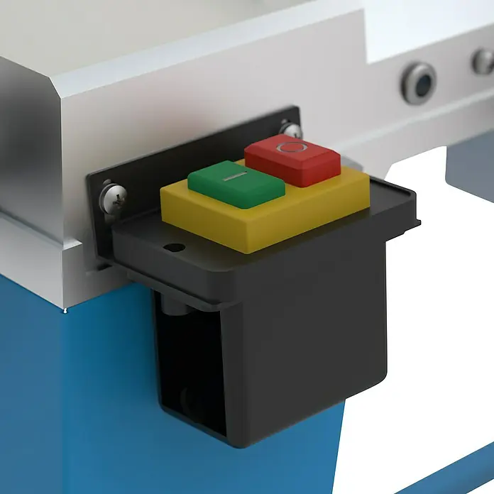 Güde Metallbandsäge MBSD 116 - 550 W - Nahaufnahme einer Maschine mit grünem und rotem Knopf auf gelbem Hintergrund.