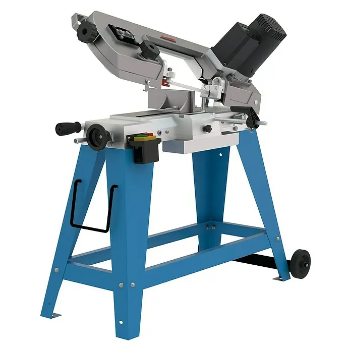 Güde Metallbandsäge MBSD 116 - 550 W - Produktansicht einer Metallbandsäge mit blauem Untergestell. Die Metallsäge ist ideal für präzise Schnitte in verschiedenen Metallmaterialien.
