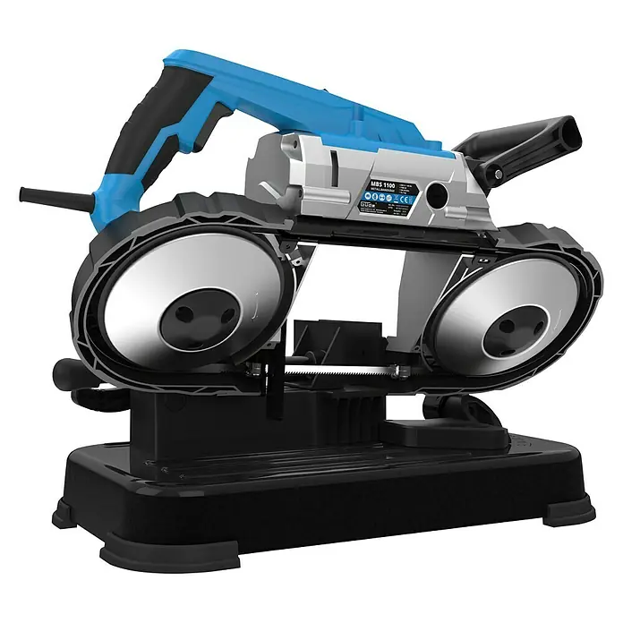 Güde Metallbandsäge MBS 1100 - 1.100 W - Eine Bandsäge MBS 1100, ein Werkzeug zum präzisen Schneiden von Metall und anderen Materialien, in blau und schwarz gehalten.