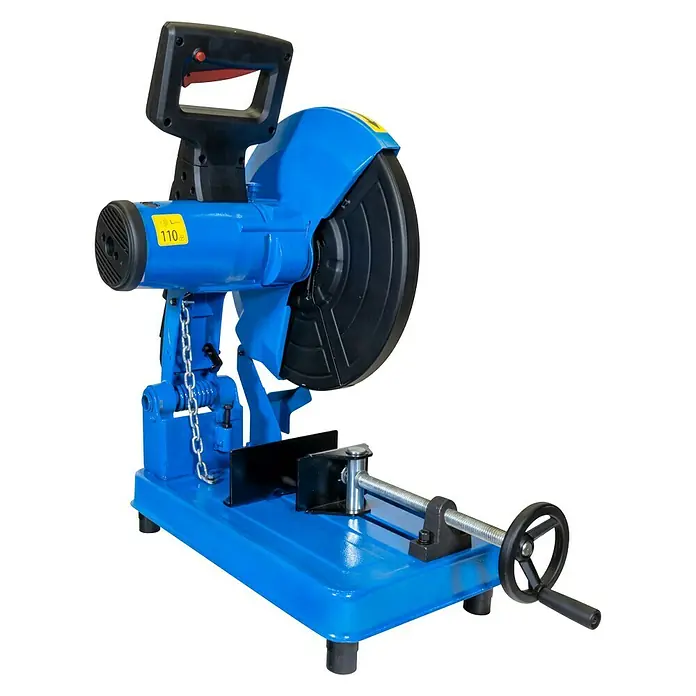 Güde Metallkreissäge GMK355 2.3 - 2,2 kW, 62 Stk. - Nahaufnahme einer blauen Metallsäge mit schwarzem Griff und Einstellrad, ideal zum Schneiden von Metallmaterialien.