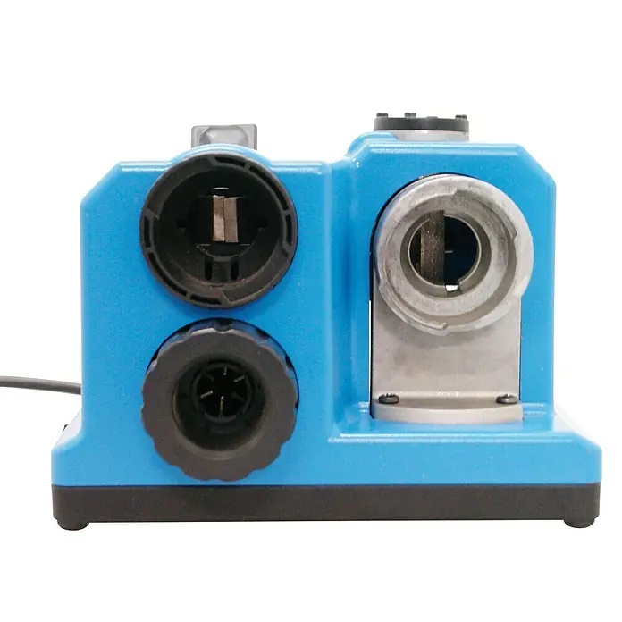 Güde Bohrerschärfgerät GBS 80 - Durchmesser des Bohrers: 3 - 13 mm, 80 W - Ein blauer und schwarzer Bohrerschärfer mit mehreren Öffnungen und Drehknöpfen für präzises Schärfen.