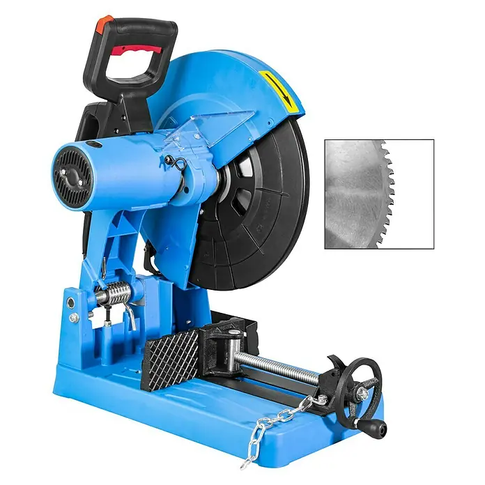 Güde Metallkreissäge GMK 355 2.2 - 2,2 kW - Abgebildet ist eine blaue Metallsäge mit einem schwarzen Sägeblatt und einem Griff mit roten Akzenten.