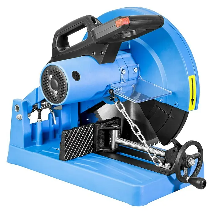 Güde Metallkreissäge GMK 355 2.2 - 2,2 kW - Eine blaue Metalltrennsäge mit einem schwarzen Griff und einer transparenten Schutzvorrichtung.