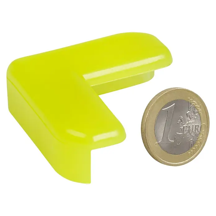 Eckenschutz - Transparent, B x L: 40 x 40 mm, 4 Stk. - Gelber Eckenschutz mit einer 1-Euro-Münze daneben, um die Größe zu veranschaulichen. Ideal für Kindersicherheit.