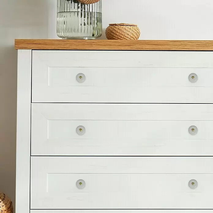 Häfele Pomo para muebles - Tipo de tirador del mueble: Botón, Porcelana, Ø x L: 25 x 29 mm - Cómoda de madera blanca con tapa de madera clara y tres cajones, cada uno con dos pomos redondos blancos.
