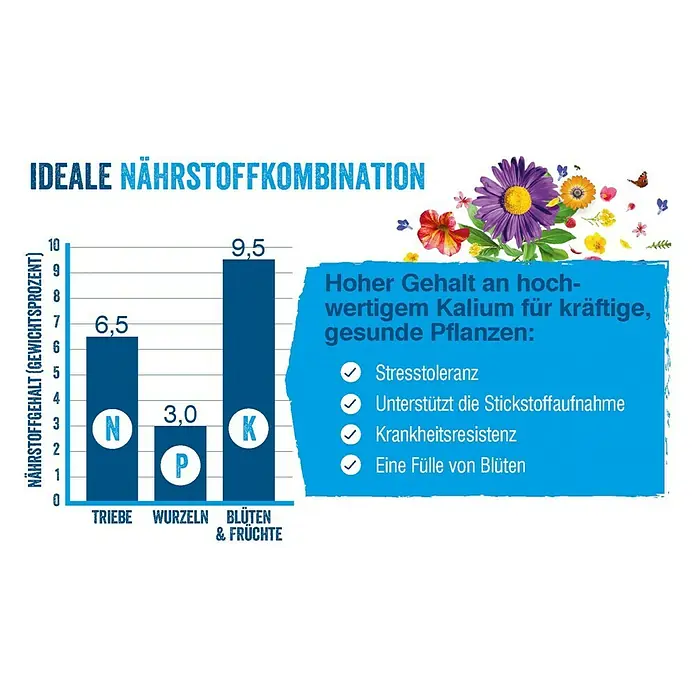 Westland Universaldünger Boost - 1 l - Grafik über die ideale Nährstoffkombination für Pflanzen, mit Fokus auf Kalium für kräftige und gesunde Pflanzen.