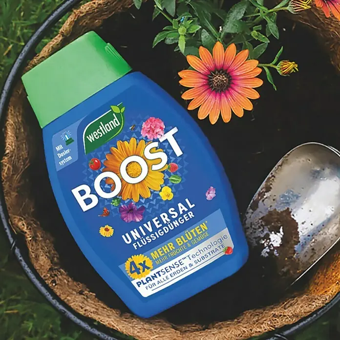 Westland Universaldünger Boost - 1 l - Westland Boost Universaldünger in einer Topfpflanze mit Blumenerde und einer kleinen Schaufel.