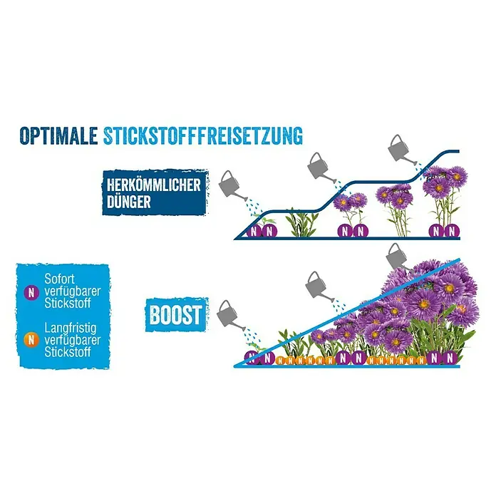 Westland Universaldünger Boost - 1 l - Illustration, die die optimale Stickstofffreisetzung mit traditionellem Dünger und einem Boost-Produkt für Pflanzenwachstum vergleicht.