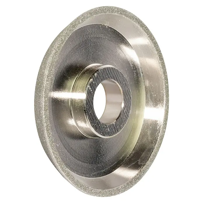 Güde Schleifscheibe - Durchmesser: 80 mm, Körnung: 150 K - Nahaufnahme einer Diamantschleifscheibe mit feiner Körnung und polierter Metallnabe, ideal zum präzisen Schleifen harter Materialien.