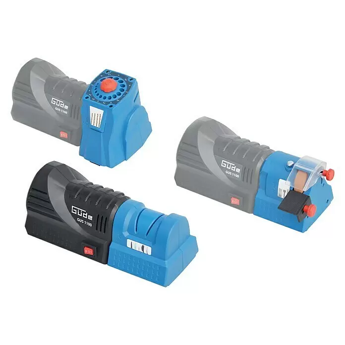 Güde Bohrerschärfgerät - 110 W, 1.500 U/min - 5.500 U/min - Drei Güde GUS 1100 Elektroschärfer mit grau-schwarzen Motoreinheiten und blauen Aufsätzen, für Bohrer, Messer/Scheren und Meißel/Hobelmesser.