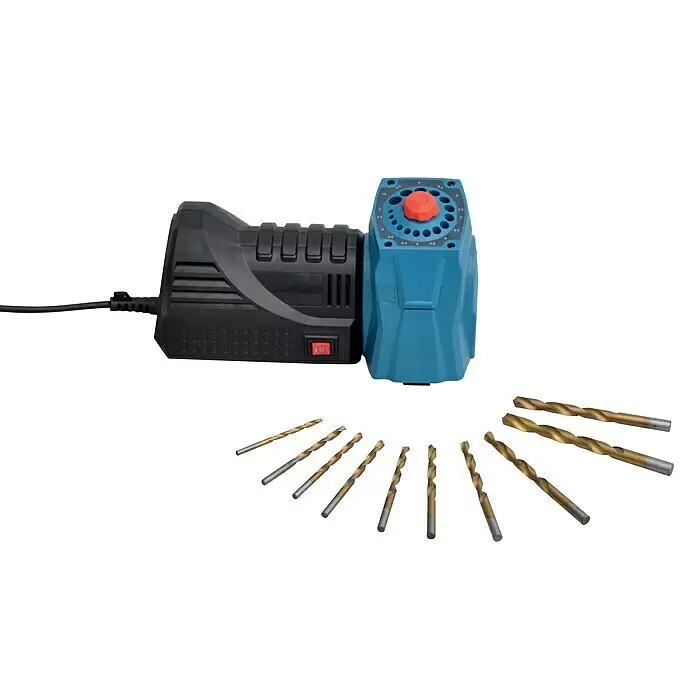 Güde Bohrerschärfgerät - 110 W, 1.500 U/min - 5.500 U/min - Schwarz-blauer Bohrer-Schärfer mit einer Auswahl goldener Spiralbohrer davor.