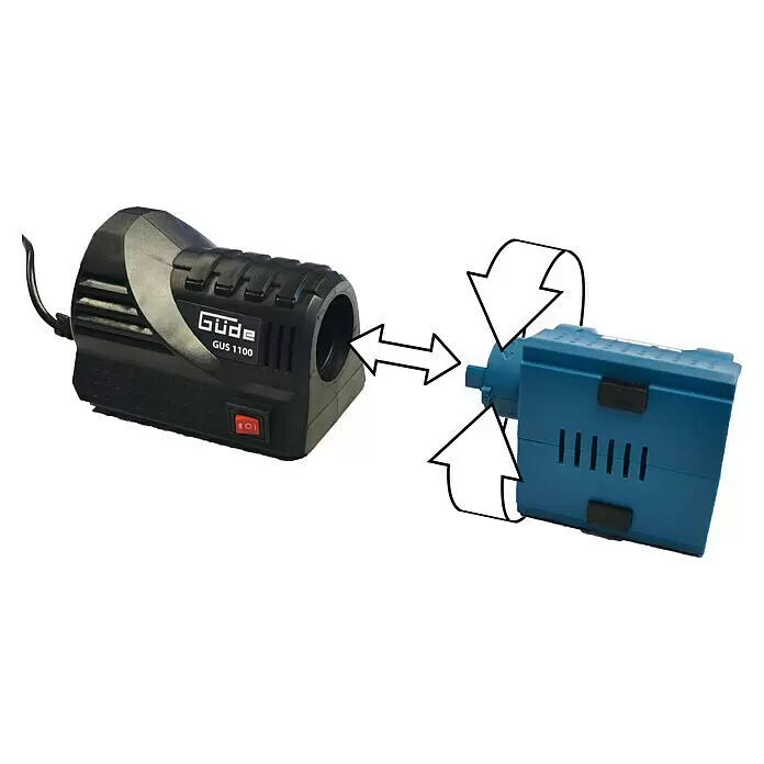 Güde Bohrerschärfgerät - 110 W, 1.500 U/min - 5.500 U/min - Schwarzer Güde GUS 1100 Bohrerschärfer mit blauem Schleifmodul, das angeschlossen wird und sich darin dreht.