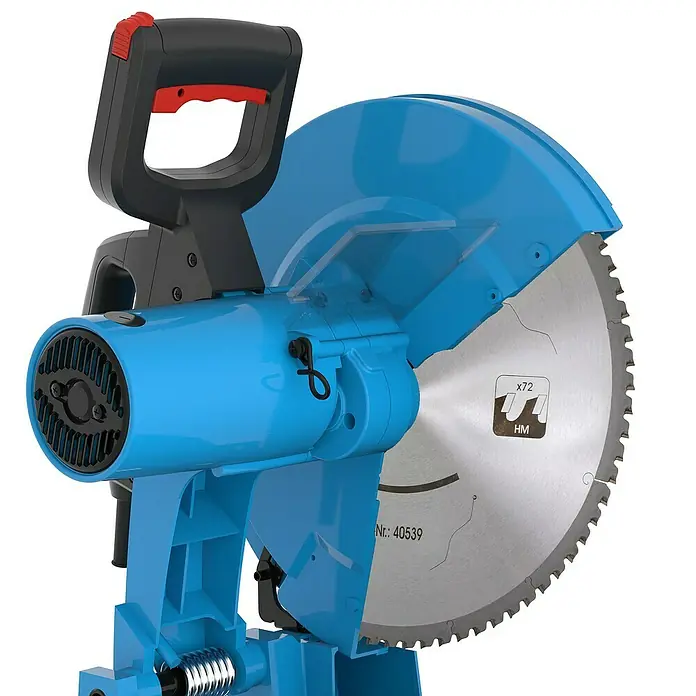 Güde Kreissägeblatt HM - 355 mm, Anzahl Zähne: 72 Stk. - Nahaufnahme einer blauen Kreissäge mit scharfen Zähnen und einem schwarzen Griff mit rotem Akzent.