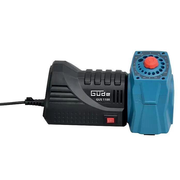 Güde Bohrerschärfgerät - 110 W, 1.500 U/min - 5.500 U/min - Güde GUS 1100 Bohrer-Schärfgerät mit schwarzem Gehäuse und blauem Schleifmodul, einem orangefarbenen Einstellknopf und Führungen für verschiedene Bohrergrößen.