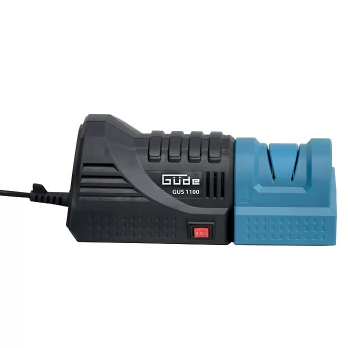 Güde Bohrerschärfgerät - 110 W, 1.500 U/min - 5.500 U/min - Schwarzer und blauer Güde GUS 1100 Elektro-Messerschärfer mit mehreren Schärfschlitzen und rotem Netzschalter.