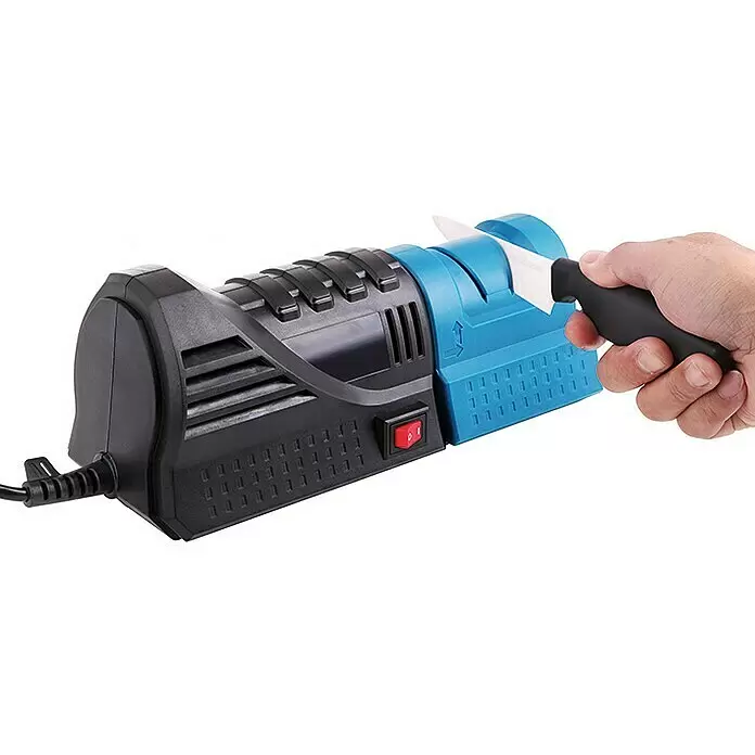 Güde Bohrerschärfgerät - 110 W, 1.500 U/min - 5.500 U/min - Schwarzer und blauer elektrischer Messerschärfer mit rotem Schalter, schärft ein kleines Messer.
