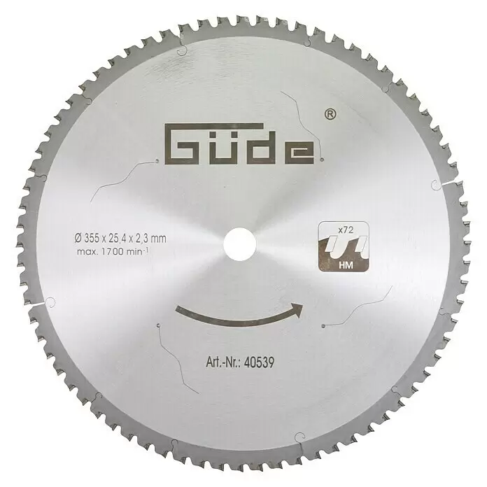 Güde Kreissägeblatt HM - 355 mm, Anzahl Zähne: 72 Stk. - Silbernes Kreissägeblatt mit vielen scharfen Zähnen, beschriftet mit 'Güde' und technischen Daten.