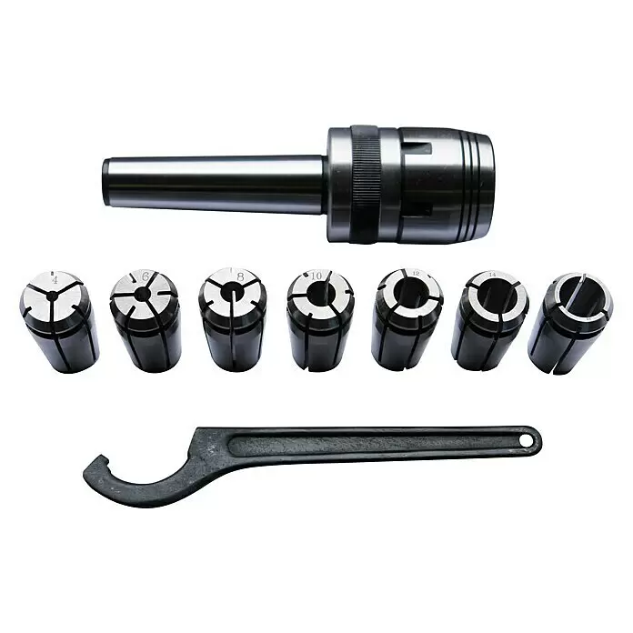 Güde Spannzangen-Set - 9 -tlg. - Ein Metallspannzangenfutter, sieben Spannzangen unterschiedlicher Größen (4-14mm) und ein schwarzer Spannschlüssel für Werkzeuge.