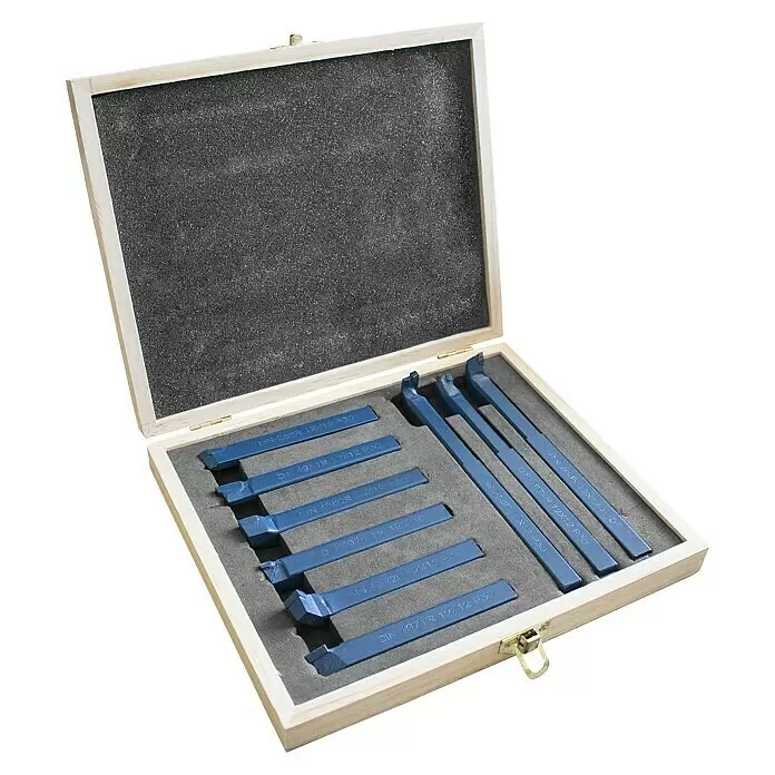 Güde Drehmeißel-Set - 12 x 12 mm, 9 -tlg. - Satz blauer Drehmeißel in einer hellen Holzbox mit schwarzem Schaumstoffeinsatz.