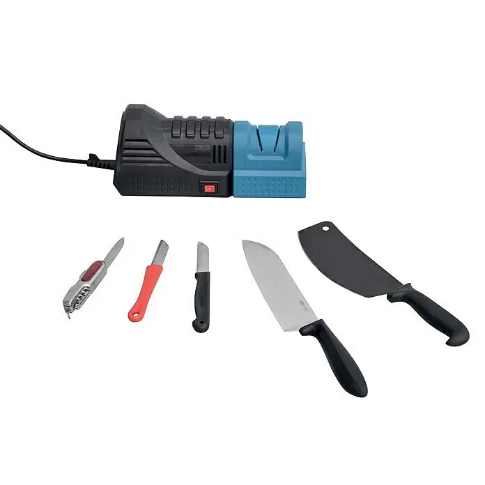 Güde Bohrerschärfgerät - 110 W, 1.500 U/min - 5.500 U/min - Schwarz-blauer elektrischer Messerschärfer mit verschiedenen Messern: einem Multi-Tool, Gebrauchsmessern, einem Kochmesser und einem Hackbeil.
