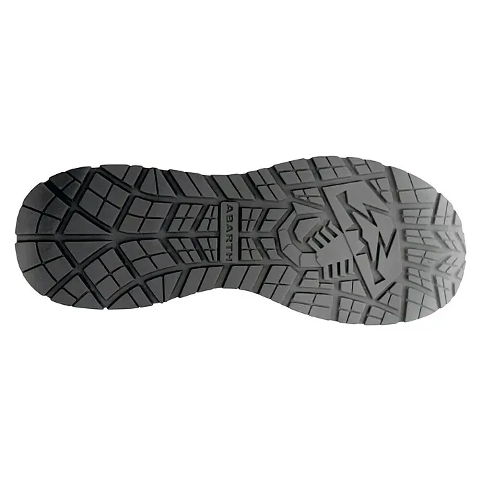 Abarth Zapato bajo de seguridad Esseesse - 46, Clase de protección según EN ISO 20345: S1P, Negro - Suela de zapato Abarth con un patrón detallado para un agarre superior, mostrando el logo Abarth. Diseñada para un rendimiento deportivo.