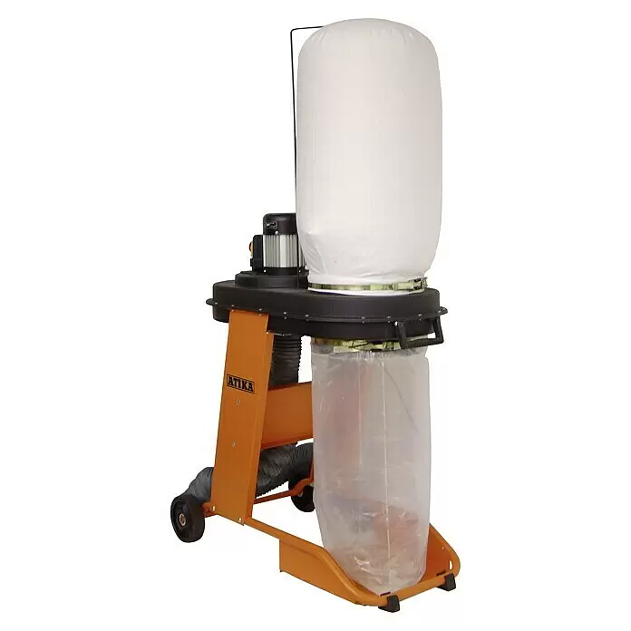 Atika Absauganlage ABS 2000 - 1.150 m³/h, 550 W - Oranger mobiler Entstauber mit weißem Filtersack, transparentem Sammelsack und Elektromotor. Marke ATIKA sichtbar.
