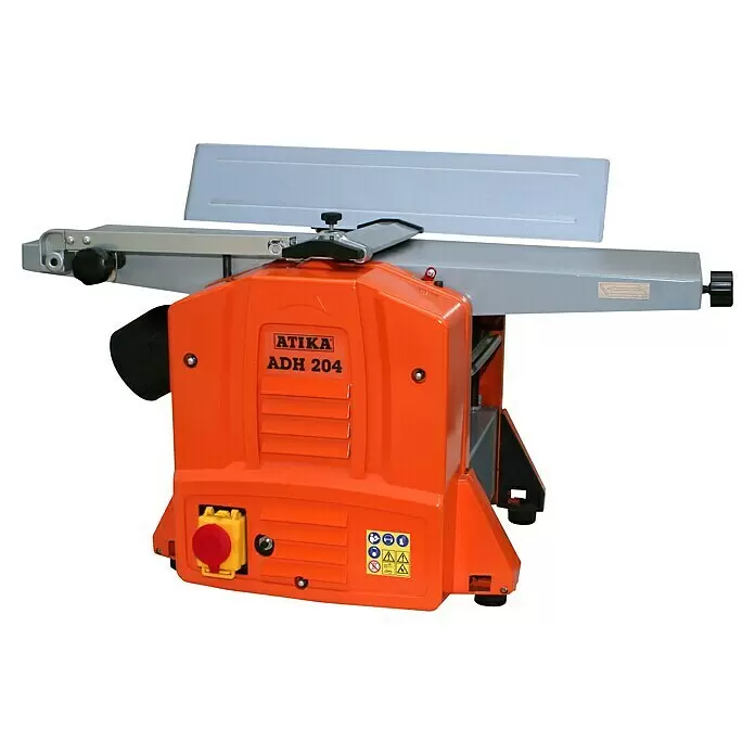 Atika Hobelmaschine ADH 204 - 1.500 W - Orange-graue Hobelmaschine mit Bedienfeld und Sicherheitshinweisen.