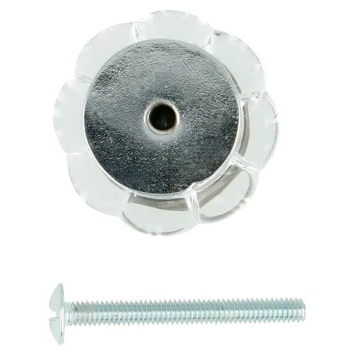 Häfele Pomo para muebles - Tipo de tirador del mueble: Botón, Vidrio, Largo: 25 mm - Primer plano de un tirador de armario de vidrio transparente con forma de flor con base plateada y un tornillo.