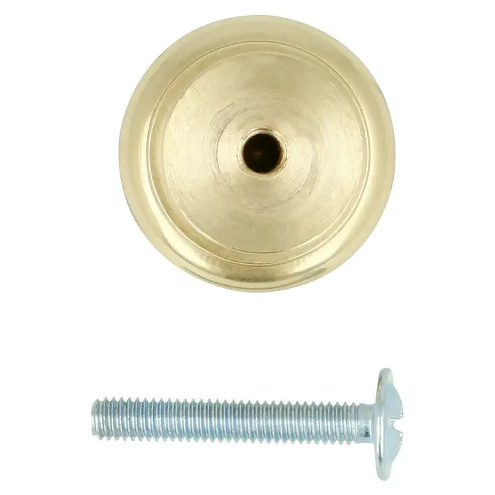 Häfele Pomo para muebles - Tipo de tirador del mueble: Botón, Ø x Al: 24 x 25 mm - Primer plano de un tirador de mueble dorado con un tornillo, perfecto para proyectos de renovación de muebles elegantes.