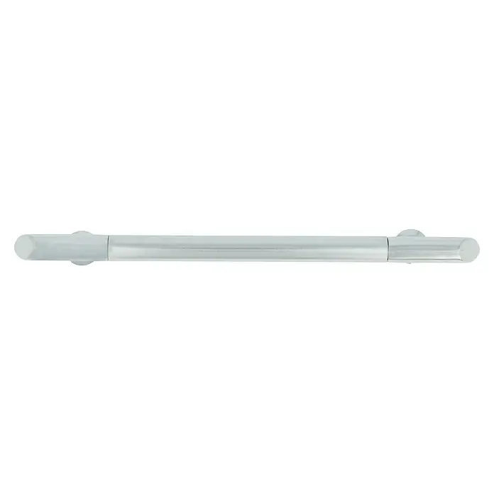 Häfele Tirador para muebles - Cromado, Distancia entre orificios: 128 mm - Primer plano de una lámpara fluorescente cilíndrica alargada con extremos redondeados y elementos de montaje sobre un fondo negro.