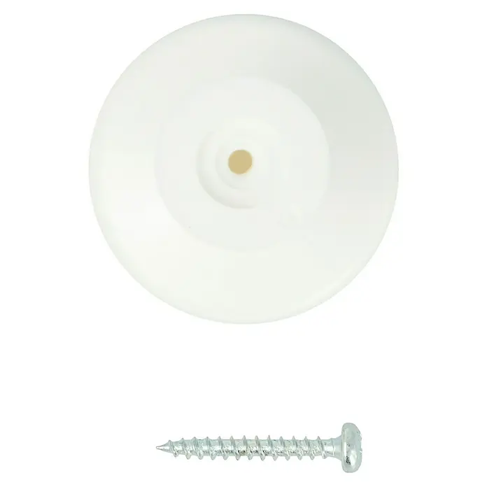 Häfele Pomo para muebles - Tipo de tirador del mueble: Botón, Ø x Al: 40 x 25 mm, Plástico, Blanco - Primer plano de una roseta blanca y un tornillo plateado utilizado para fijar la roseta, ideal para proyectos de bricolaje.