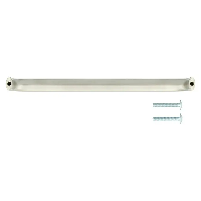 Häfele Tirador para muebles - Tipo de tirador del mueble: Estribo, An x L: 30 x 160 mm - Una barra de mango plateada y dos tornillos se muestran contra un fondo negro. El metal de los productos parece brillante y reflectante.