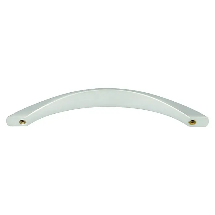 Möbelgriff - Typ Möbelgriff: Bügel, L x B x H: 154 x 19 x 30 mm, Sonstige, Verchromt - Nahaufnahme eines gebogenen, silberfarbenen Möbelgriffs mit Gewindelöchern an beiden Enden.