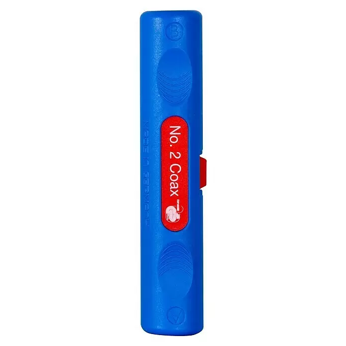 Weicon Coax-Stripper No. 2 - Verwendung: Abisolieren - Blauer Koaxialkabel-Abisolierer aus Kunststoff mit rotem Etikett, das 'No. 2 Coax' und ein Abisolier-Symbol zeigt. Hergestellt in Deutschland.