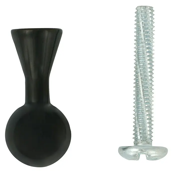 Häfele Pomo para muebles - Tipo de tirador del mueble: Botón - Primer plano de un tirador de mueble negro y un tornillo de fijación sobre un fondo negro.