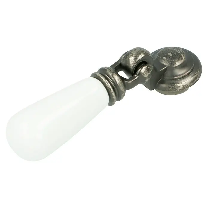 Häfele Tirador para muebles - Porcelana, Blanco - Primer plano de un tirador de mueble con mango blanco y base de metal color plata antigua.