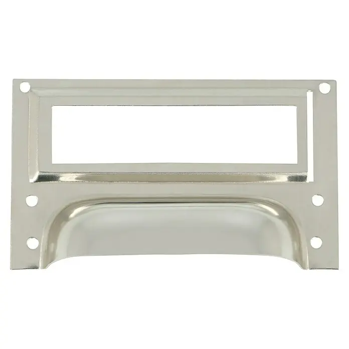Häfele Tirador para muebles - Tipo de tirador del mueble: Concha, Acero, Niquelado, An x L: 84 x 49 mm - Un tirador de copa para cajones de color plateado brillante con soporte para etiquetas, perfecto para muebles. El tirador es robusto y elegante.