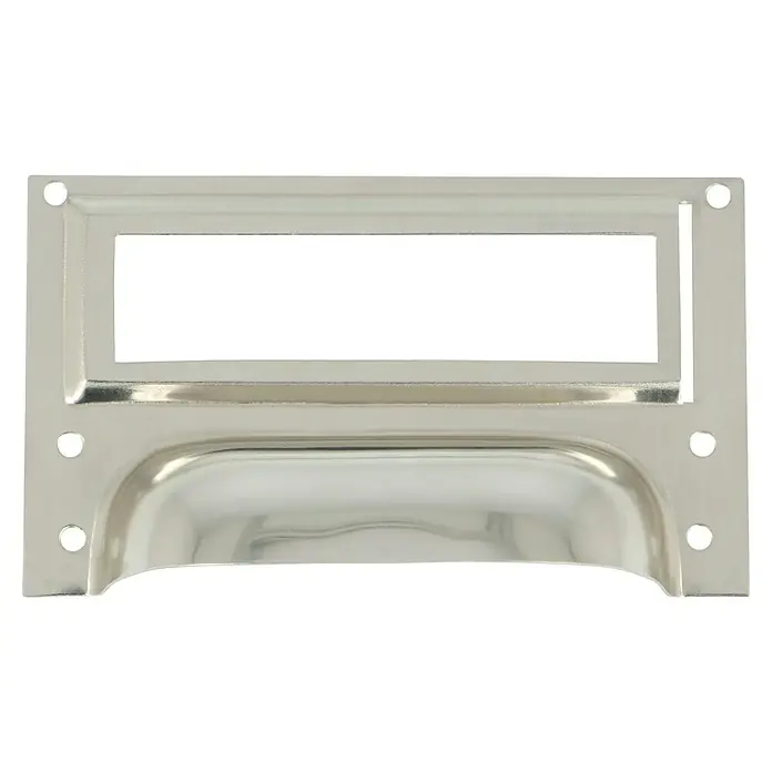 Häfele Tirador para muebles - Tipo de tirador del mueble: Concha, Acero, Niquelado, An x L: 84 x 49 mm - Primer plano de un tirador plateado con portaeliqueta y tirador de concha, ideal para restauración de muebles y proyectos de bricolaje.