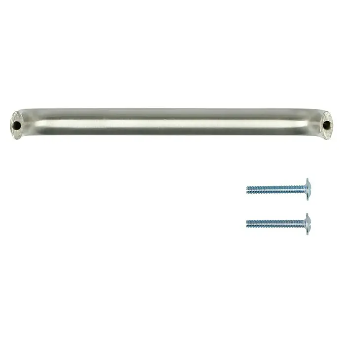 Häfele Möbelgriff - Typ Möbelgriff: Bügel, L x B x H: 102 x 12 x 30 mm, Lochabstand: 96 mm - Eine silberne Schrankgriffstange mit Schrauben, die zur Montage dient. Ein essentielles Möbelzubehör für eine moderne Einrichtung.