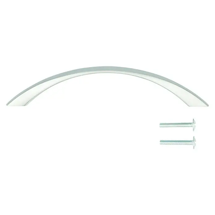 Möbelgriff - Typ Möbelgriff: Bügel, L x B x H: 154 x 19 x 30 mm, Sonstige, Verchromt - Dieses Bild zeigt einen eleganten, silberfarbenen Schrankgriff mit den dazugehörigen Schrauben zur einfachen Montage.