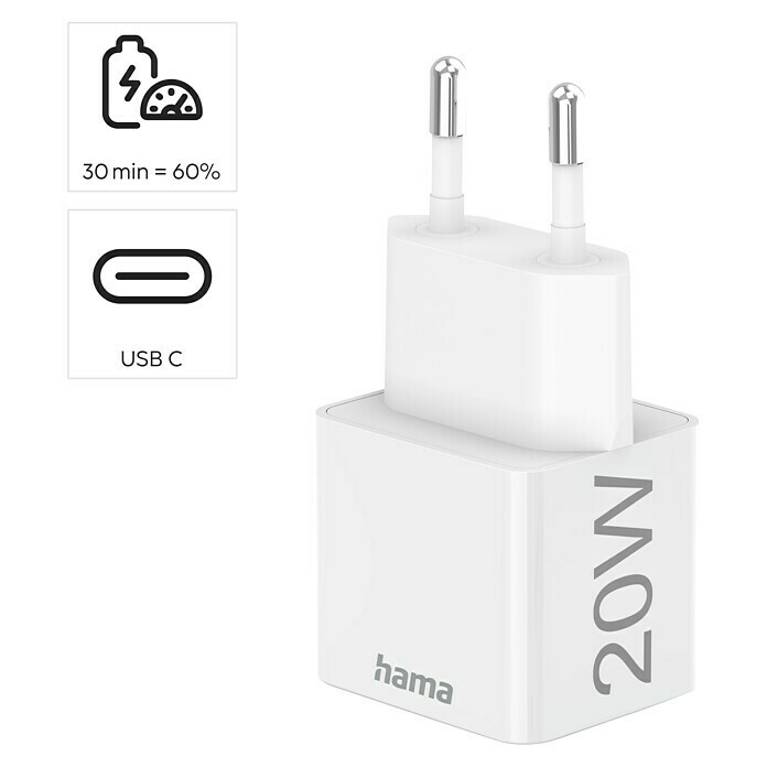 Hama Schnellladegerät USB-C, PD / Qualcomm® (Weiß, 20 W)