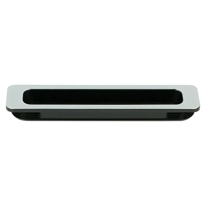 Häfele Tirador para muebles - Tipo de tirador del mueble: Concha, Plástico, An x L: 26 x 116 mm - Primer plano de un tirador empotrado rectangular con borde plateado y área empotrada negra para un diseño elegante y funcional.