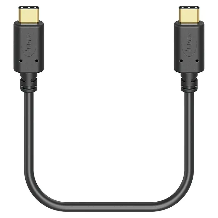 Hama USB-Ladekabel - Schwarz, Länge: 1,5 m, USB C-Stecker - Schwarzes Hama USB-C-Kabel mit goldfarbenen Steckern an beiden Enden, ideal für schnelle Datenübertragung und zum Aufladen von Geräten.